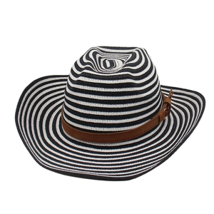 Western straw cowboy hat with black and white stripes and brown leather band