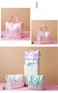 Detailed view of the iridescent travel bag featuring dry-wet separation and trolley sleeve