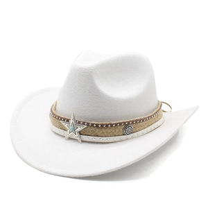 Western Cowboy Hat Vintage Woolen Felt Jazz Cap Star Metal Buckle Turquoise Bead Wide Brim Retro Style For Men Women