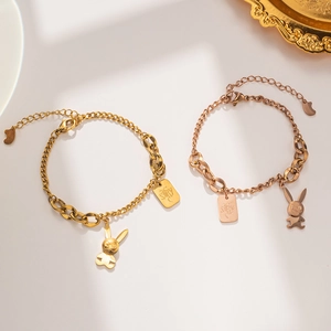 Titanium Steel Rabbit Pendant Bracelet For Women Rose Gold Plated Korean Fashion Alphabet Tag Adjustable Jewelry Gift