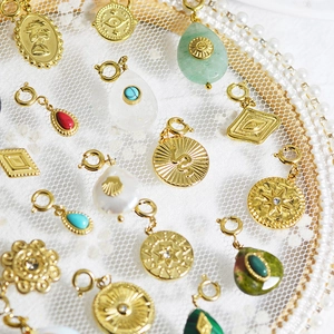 French vintage stainless steel gold necklaces with natural stone and pearl pendants