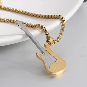 Hip hop style stainless steel guitar pendant necklace in gold and silver finish