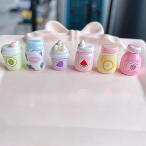 Miniature resin juice bottles in macaron colors for DIY crafts and decor, set of 6 styles