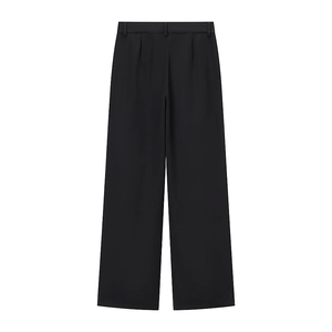 Back view of high-waisted black wide-leg trousers with sleek matte finish and drape effect