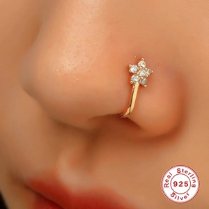 925 Sterling Silver gold flower nose cuff with diamonds worn on a female model