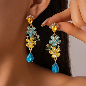 Vintage Flower Drop Earrings Alloy Rhinestone With 925 Sterling Silver Earring Post Bohemian Luxury Party Jewelry For Women