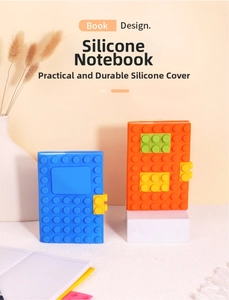 Close-up of silicone A6 notebook with colorful LEGO-style block cover design