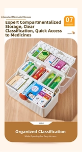 Detail of multi-layer folding medical box with orange latch and tiered storage compartments