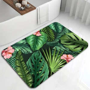 Absorbent diatomite bath mat with tropical green leaves and pink hibiscus flower pattern