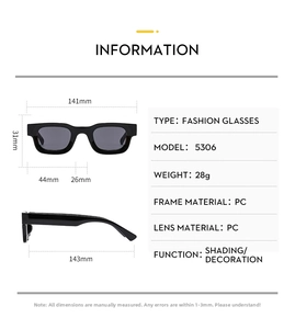 Detailed size chart for retro hip-hop square sunglasses with 141mm frame width