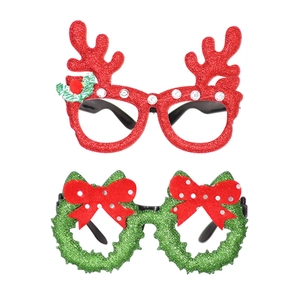 Christmas party glasses set with glittery red reindeer antlers and green festive bows