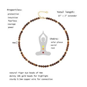 Natural Tiger Eye and 18k gold beaded necklace with 15-inch chain and 2-inch extender