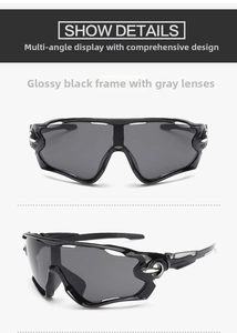 Detail view of glossy black sports sunglasses with grey lenses for cycling and outdoor use