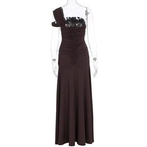 Detailed back view of ruched chocolate brown bodycon maxi dress with elegant pleats