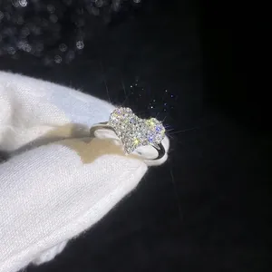 Sparkling S925 sterling silver heart-shaped moissanite ring with full diamond pavé setting