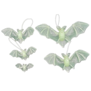 Set of five luminous green bats for Halloween hanging decor with glowing red eyes