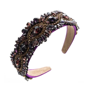 Luxury Baroque headband with purple crystals, wine red gems and golden beads on satin