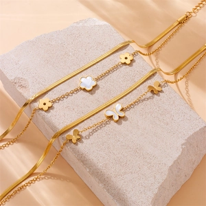 Double Layer Stainless Steel Anklet With White Shell Butterfly Flower Pendants Snake Chain Minimalist Jewelry For Women