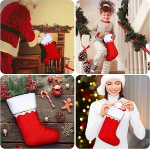 Classic red Christmas stockings displayed in various festive home holiday decoration settings