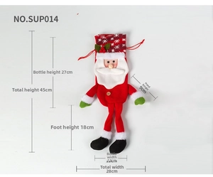 Detailed view of Santa Christmas wine bottle cover with 3D plush doll and size indicators