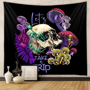 Detail of psychedelic mushroom and skull wall tapestry with Let's Take a Trip lettering