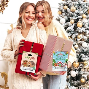 Christmas gift card holder with cash slot held by models in front of a warm festive tree