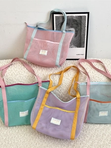 Women Mesh Tote Bag Large Capacity Polyester Shoulder Bag With Zipper Front Pocket For Beach Daily Travel Contrast Color