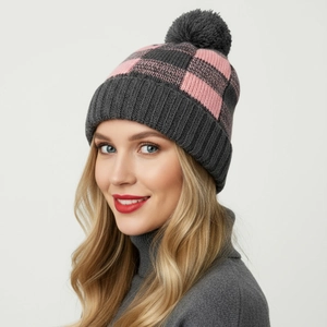 Winter Knit Beanie Hat Acrylic Buffalo Plaid Pattern Warm Thermal Outdoor Pom Pom Soft Ribbed Cuff Casual Women
