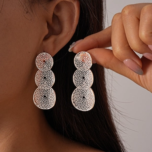 Silver hollow mesh geometric round filigree earrings for women with woven texture details