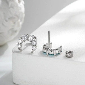 Elegant C-shaped silver stud earrings with sparkling moon zircon and screw back closure