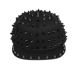 Hip hop style flat brim baseball cap featuring black punk studs throughout the whole crown