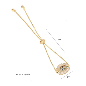 Detailed size view of gold Evil Eye bracelet with cubic zirconia and 24cm adjustable chain