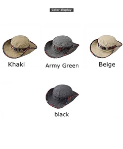 Color display of four cotton sun hats featuring ethnic style patterned woven bands