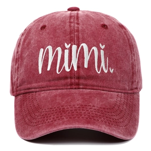 Distressed red cotton baseball cap with white mimi heart embroidery for Mother's Day gift