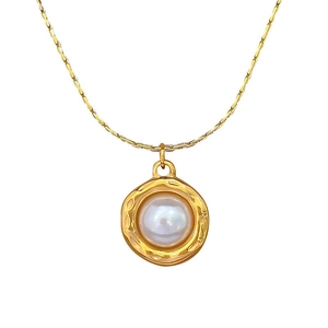 Minimalist titanium steel gold necklace featuring a round pearl pendant on a snake chain