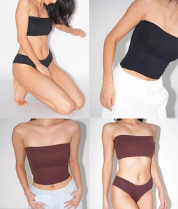 Close-up of high-elasticity bandeau and matching panties in black and dark coffee colors