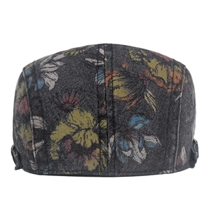 Rear view of washed denim flat cap featuring vintage floral peony print and refined stitching