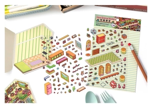 Detailed 2.5D kitchen themed DIY stickers with miniature furniture and tiny food items