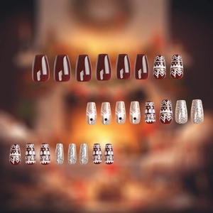 Christmas reindeer coffin press-on nails set with red, gold glitter and snowflake designs
