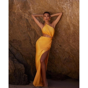 Robe Maxi Satinée Une Épaule Évidée Fente Haute Sexy Froncée Soirée Formelle Robe De Bal Femmes