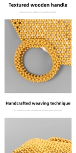 Detail view of handmade woven wooden bead handbag with intricate mustard yellow craftsmanship