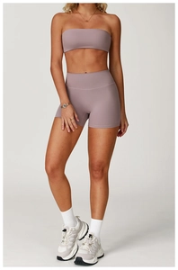 Dusty rose brushed yoga set featuring a tube top and high waist lifting gym shorts