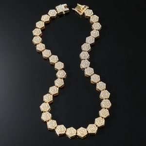 Golden hip hop chain with hexagon geometric links and pavé set cubic zirconia diamonds