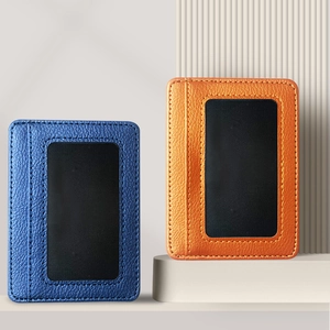 Minimalist PU leather card holder with ID window in blue and orange colors