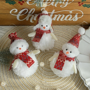 Three-piece plush Christmas snowman ornaments with red and white scarves for festive trees