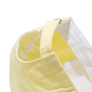 Detailed view of adjustable strap and sweatband on a yellow cotton baseball cap