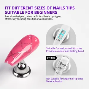 Detail showing adhesive nail tab width comparison on pink stiletto press-on nails