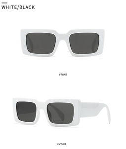 Front and 45-degree side views of modern square retro sunglasses in white and black