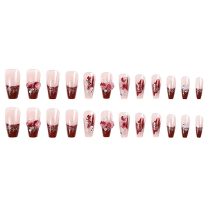 Detail of 24pcs press-on nails with wine red gradient, pearls, and floral accents