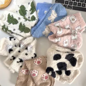 Thick Fluffy Coral Fleece Mid-Calf Socks Winter Warm Soft Cartoon Pattern Home Sleep Floor Hosiery For Women Sweet Style